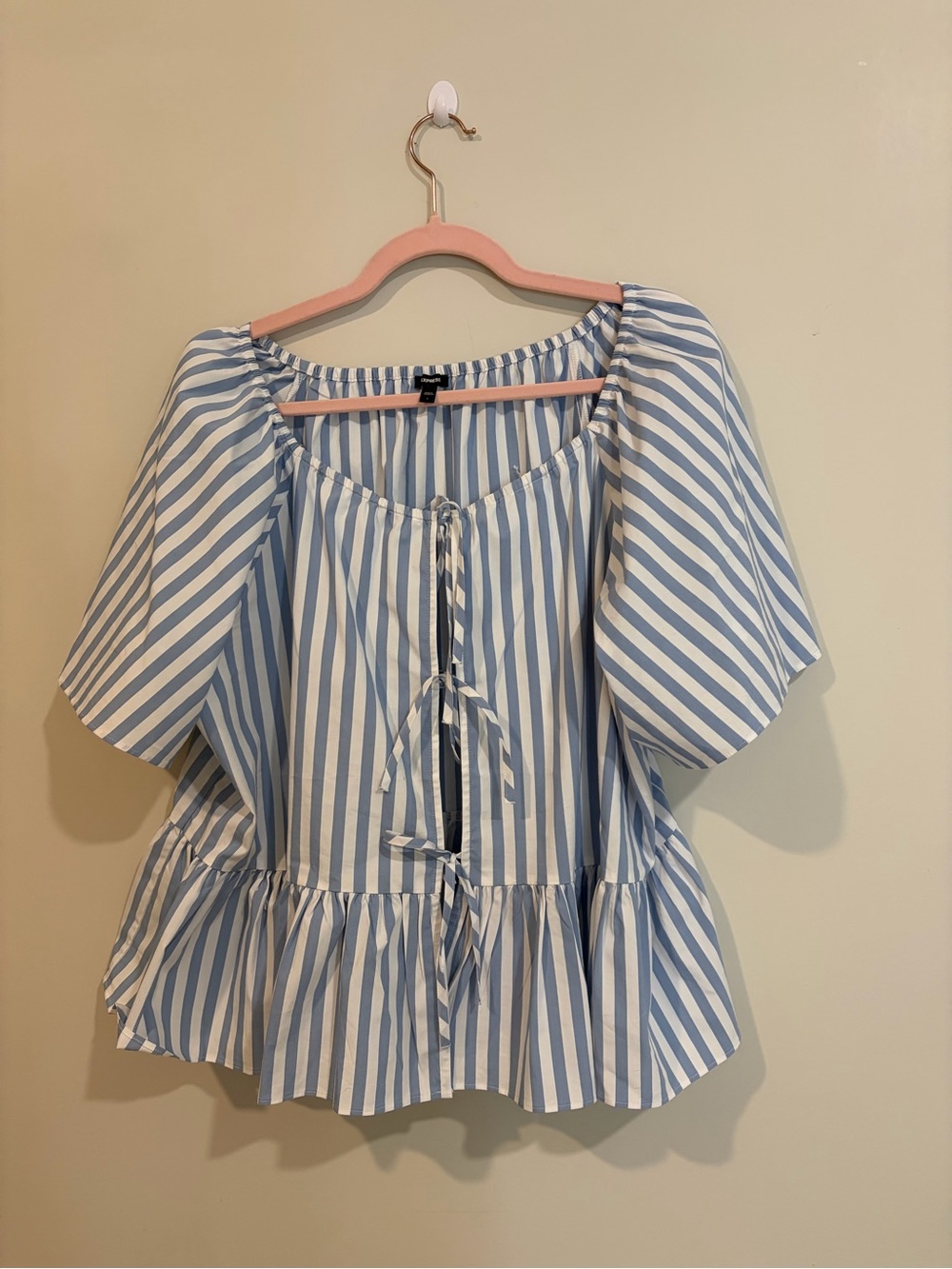 Express Blue & White Striped Tie-Front Peplum Top